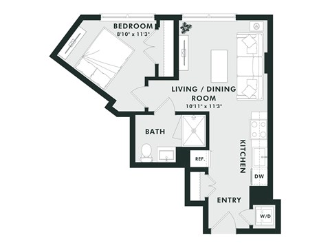 Floor plan for 1 bed, 1 bath, 494 sqft